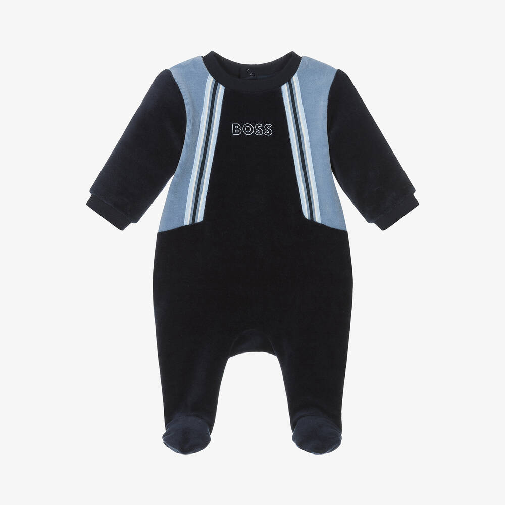 BOSS - Boys Blue Velour Babygrow | Childrensalon