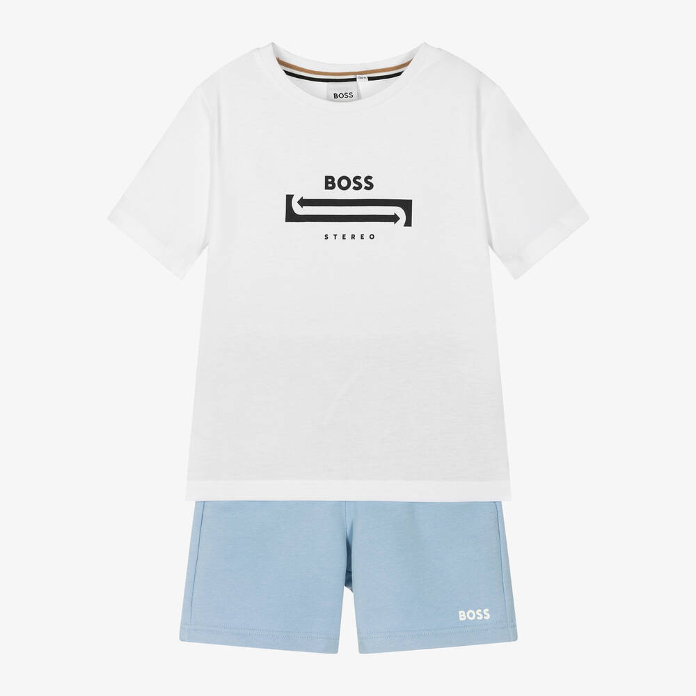 BOSS - طقم شورت قطن لون أبيض وأزرق للأولاد | Childrensalon