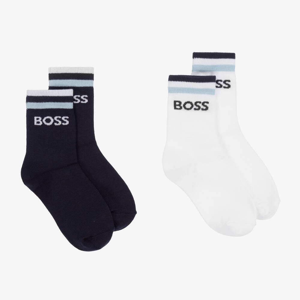 BOSS - Boys Blue & White Cotton Socks (2 Pack) | Childrensalon