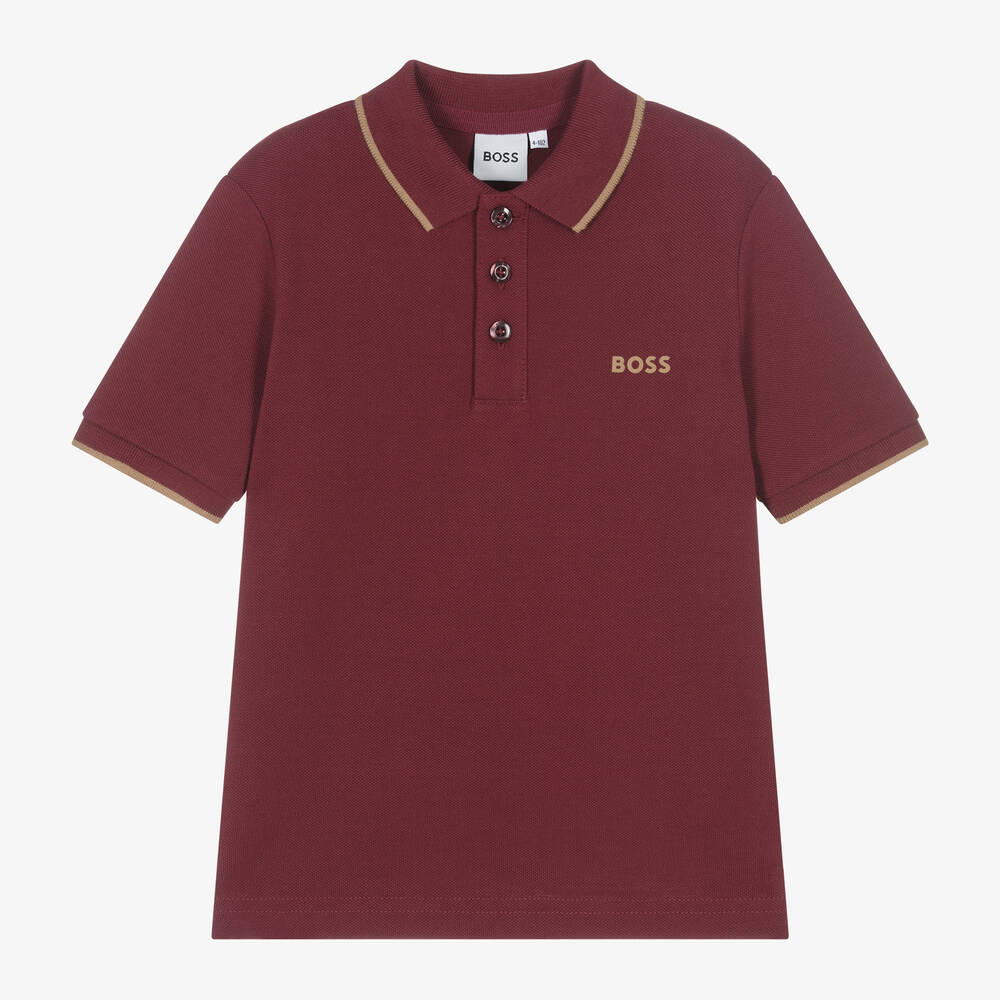 BOSS -  Boys Burgundy Red Cotton Polo Shirt | Childrensalon