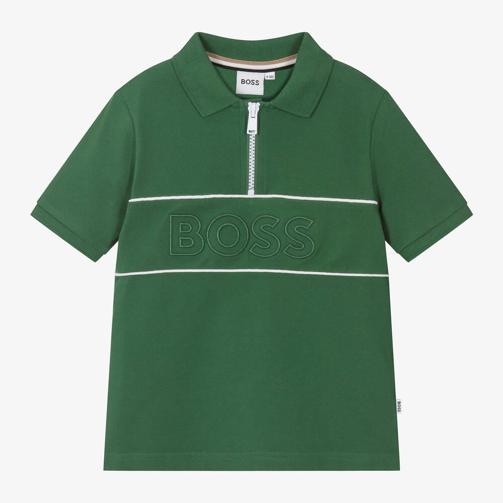 BOSS - Boys Green Cotton Polo Shirt | Childrensalon