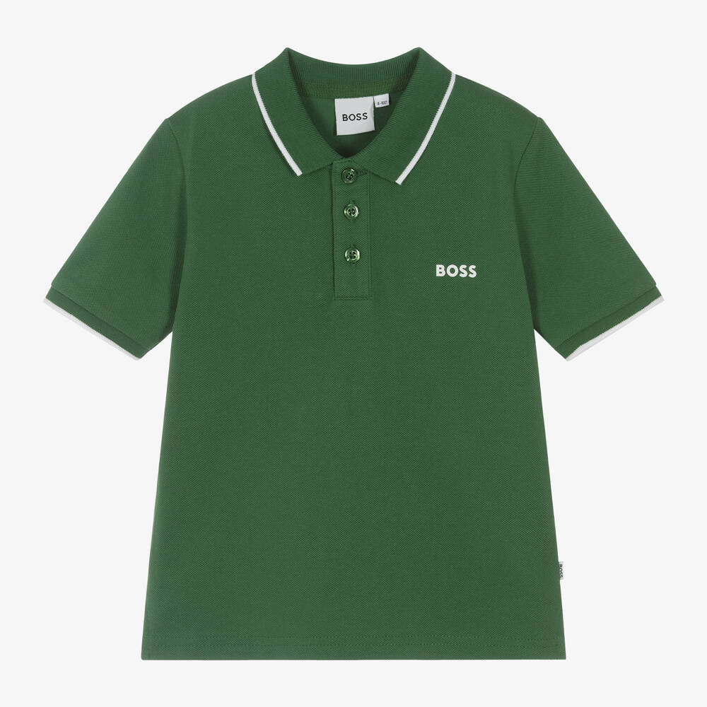 BOSS - توب بولو قطن بيكيه لون أخضر للأولاد | Childrensalon