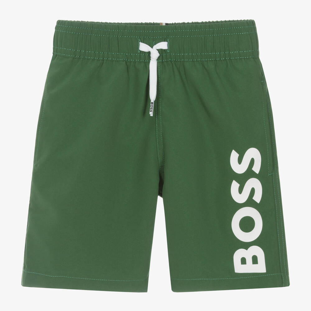 Hugo Boss Kids' Boss Boys Green Swim Shorts In Brown