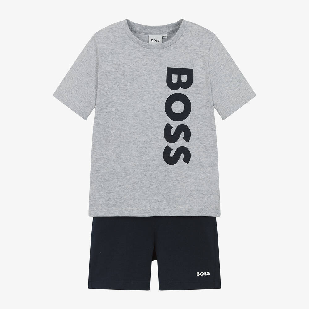 BOSS - Boys Grey & Blue Cotton Short Pyjamas | Childrensalon