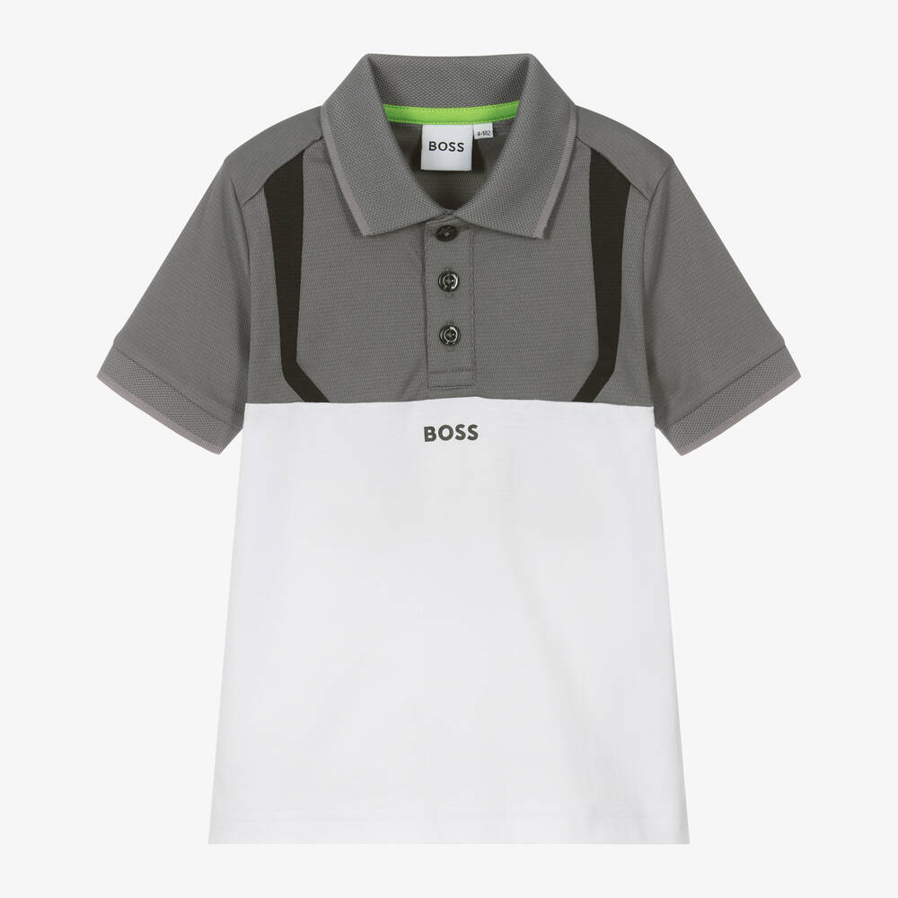 BOSS - Boys Grey Colourblock Polo Shirt | Childrensalon
