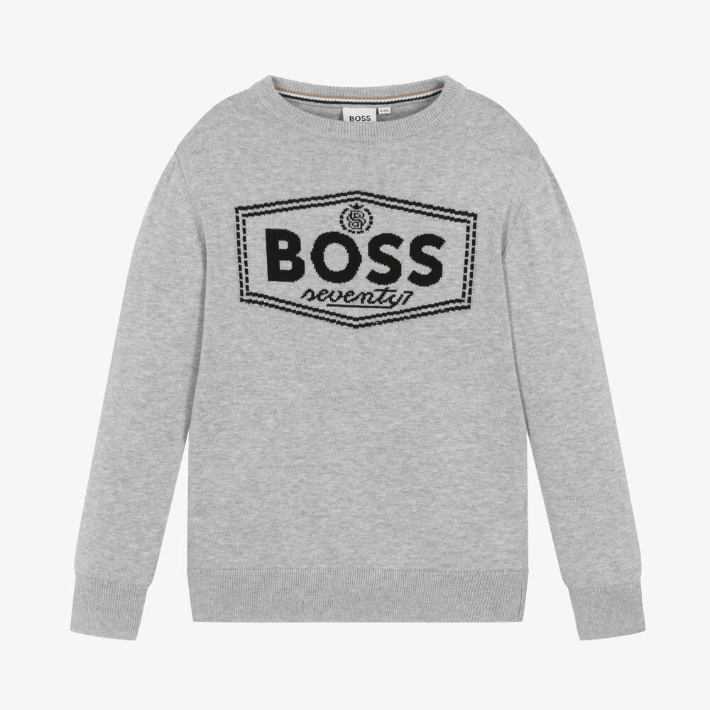 BOSS - Boys Grey Cotton Knit Sweater | Childrensalon