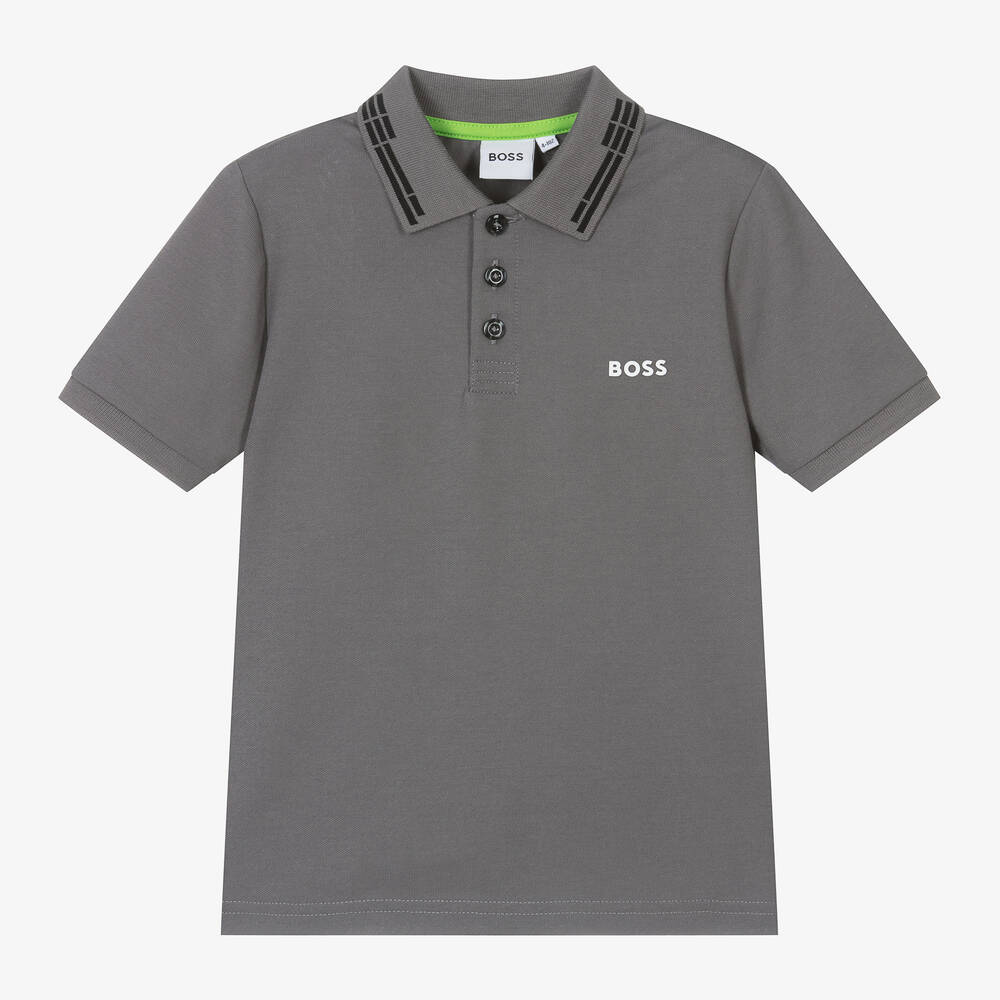BOSS - Boys Grey Cotton Piqué Polo Shirt | Childrensalon