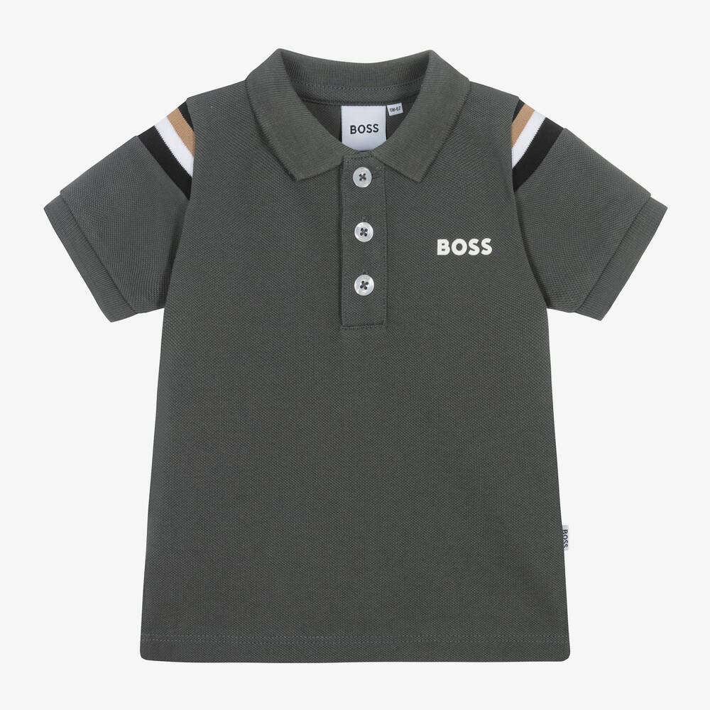 BOSS - Boys Grey Cotton Piqué Polo Top | Childrensalon