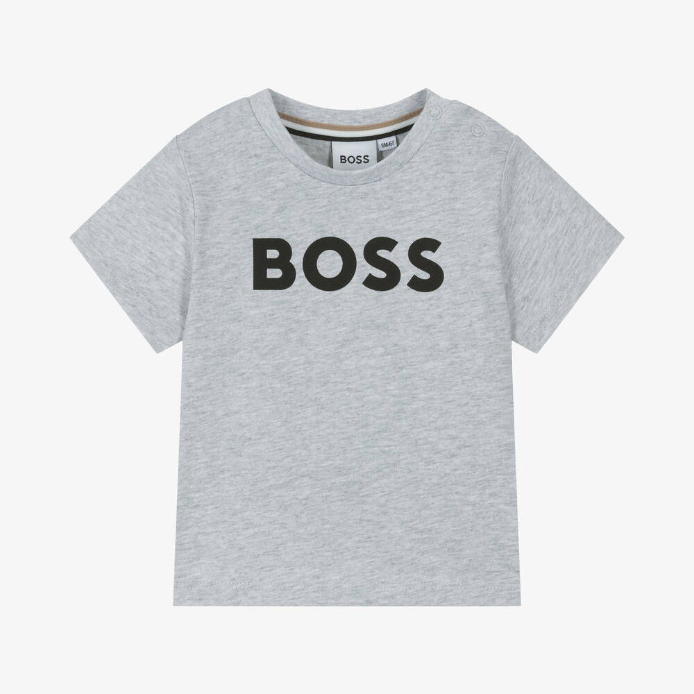 BOSS - تيشيرت أطفال ولادي قطن لون رمادي مارل | Childrensalon