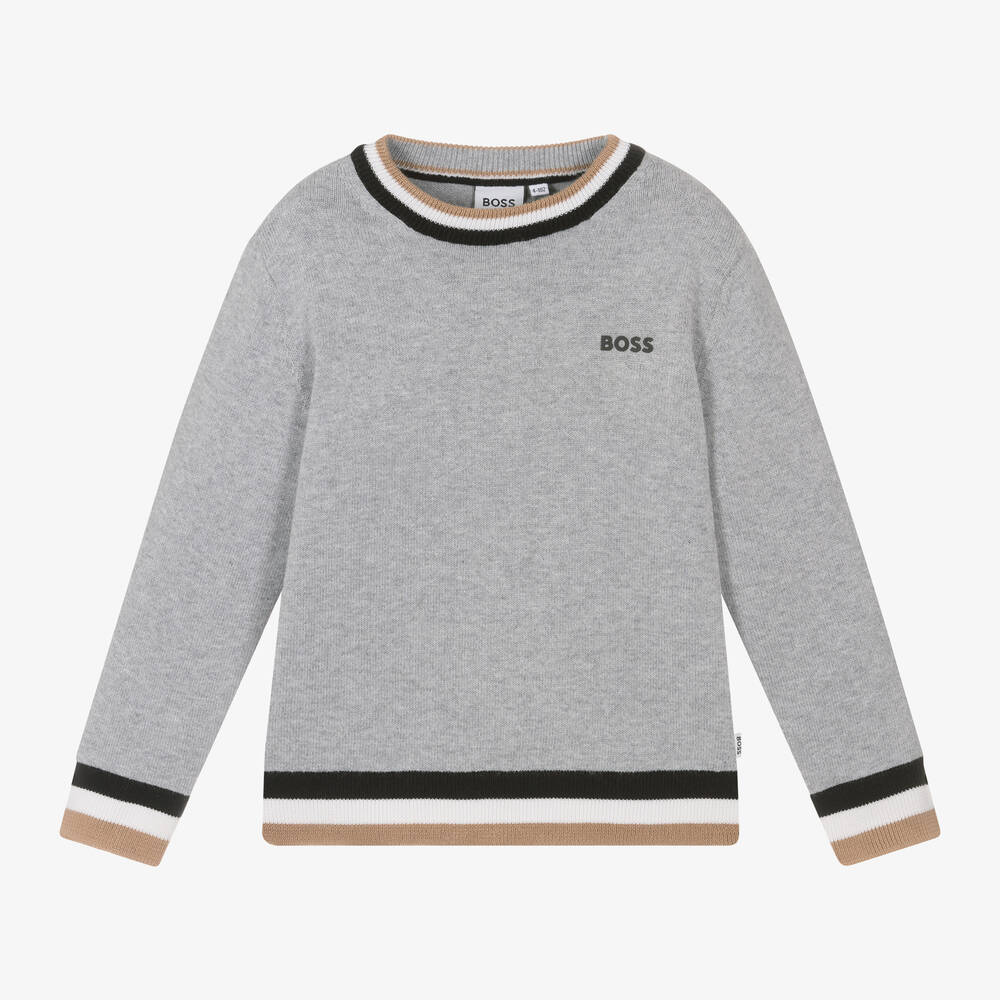 BOSS - Boys Grey Cotton & Wool Knit Jumper | Childrensalon