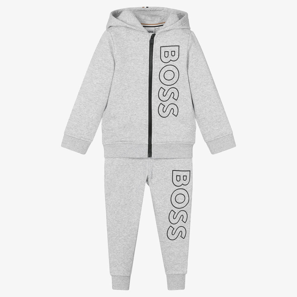 BOSS - Boys Grey Hooded Tracksuit | Childrensalon