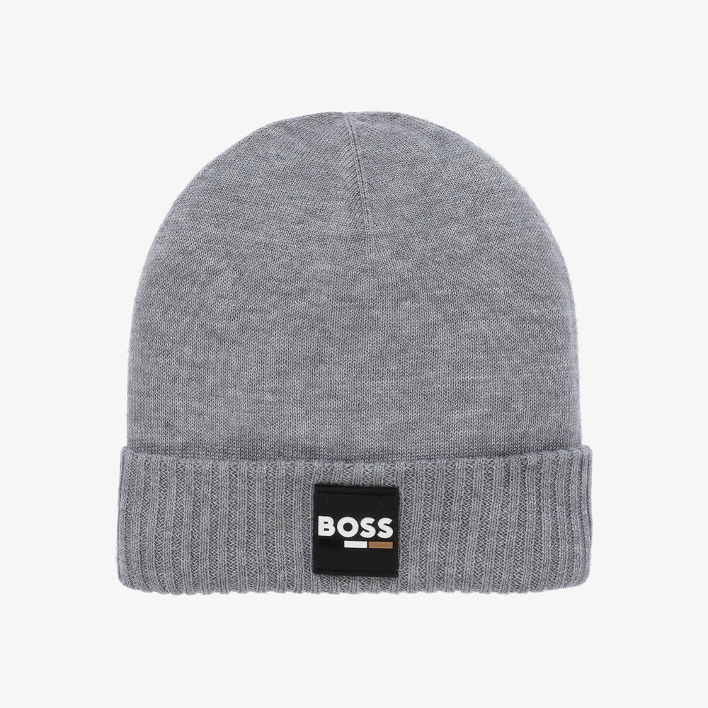 BOSS - Boys Grey Knitted Beanie Hat | Childrensalon