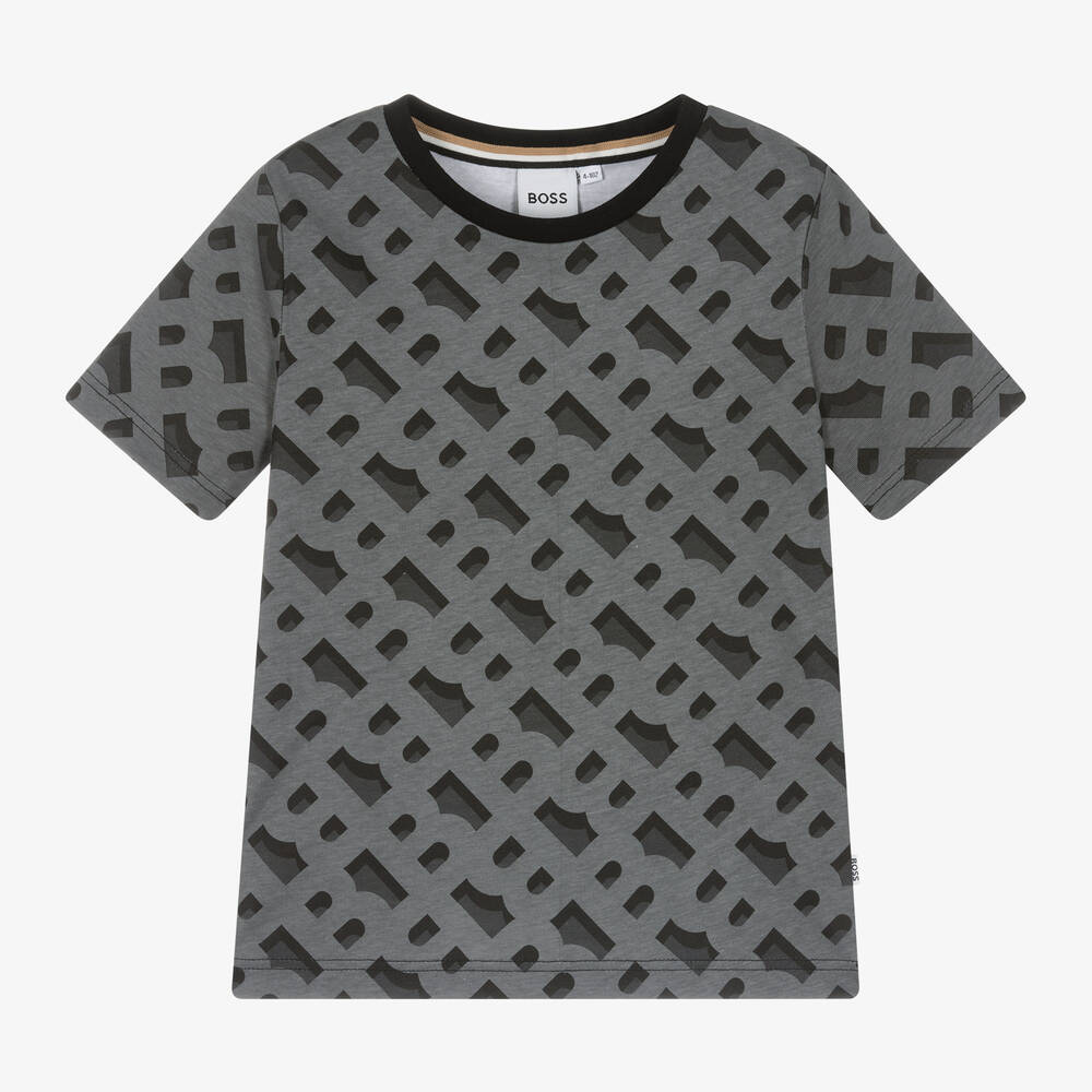 Shop Hugo Boss Boss Boys Grey Monogram Cotton T-shirt
