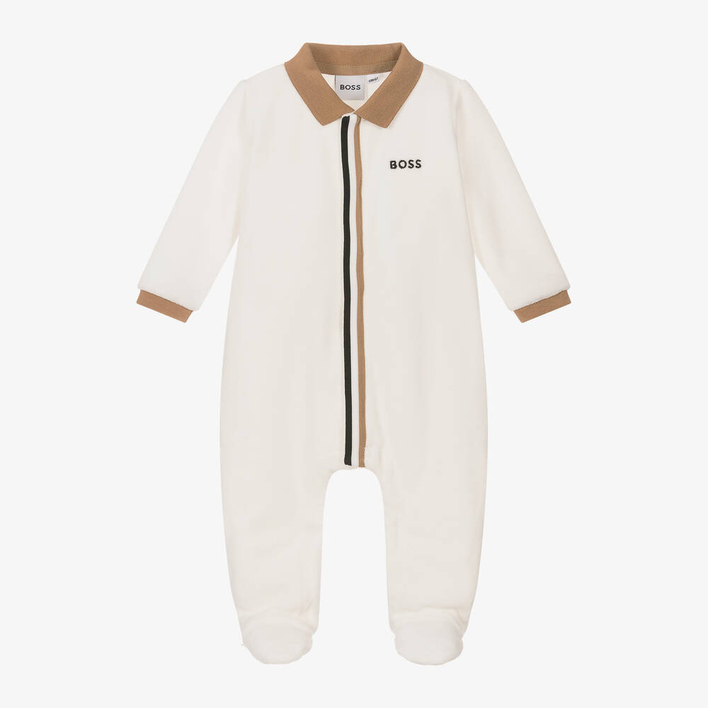 BOSS - Boys Ivory Velour Babygrow | Childrensalon