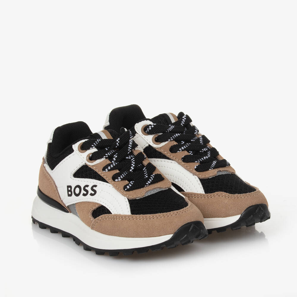 BOSS - Boys Leather Tricolour Trainers | Childrensalon