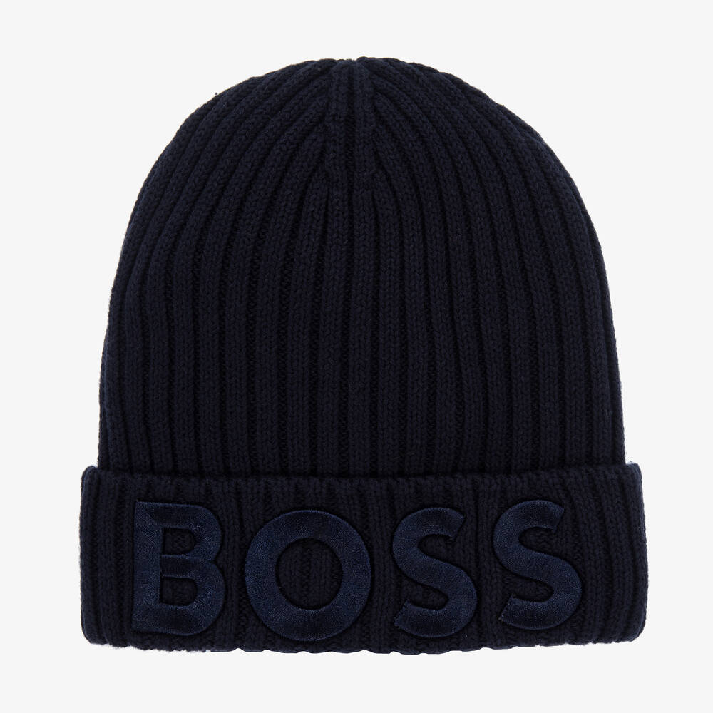 BOSS - Boys Navy Blue Cotton Knit Beanie Hat | Childrensalon | Strickmützen