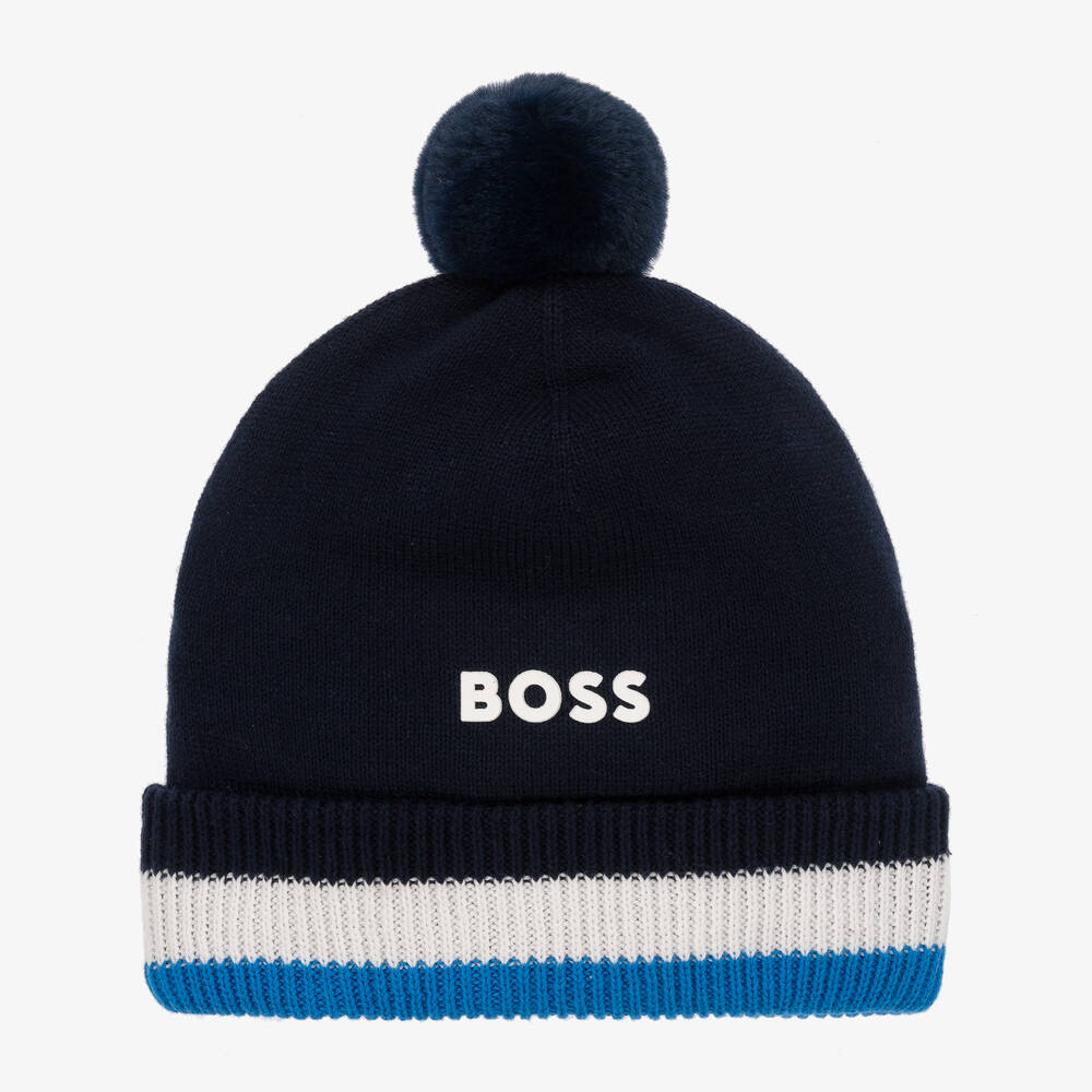 BOSS - Boys Navy Blue Cotton Knit Bobble Hat | Childrensalon