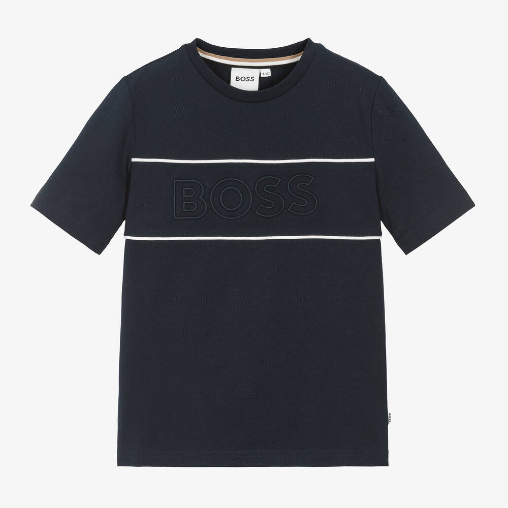 BOSS - Boys Navy Blue Cotton Piqué T-Shirt | Childrensalon
