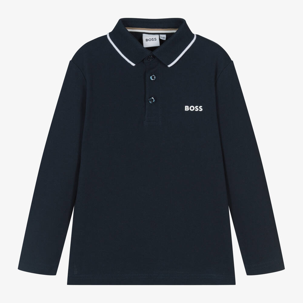 BOSS - Boys Navy Blue Cotton Polo Shirt | Childrensalon