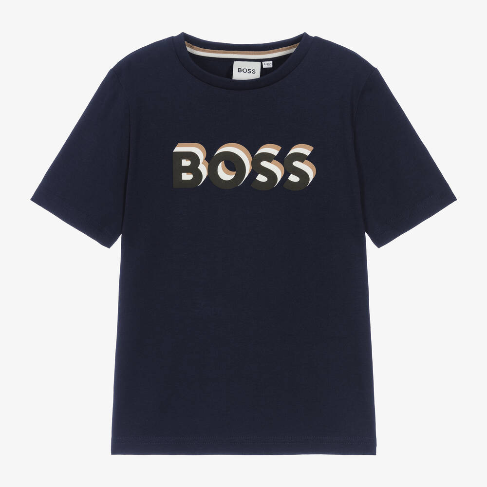 BOSS - Boys Navy Blue Cotton T-Shirt | Childrensalon
