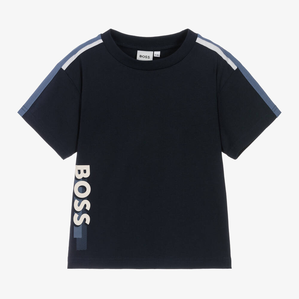 BOSS - Boys Navy Blue Cotton T-Shirt | Childrensalon