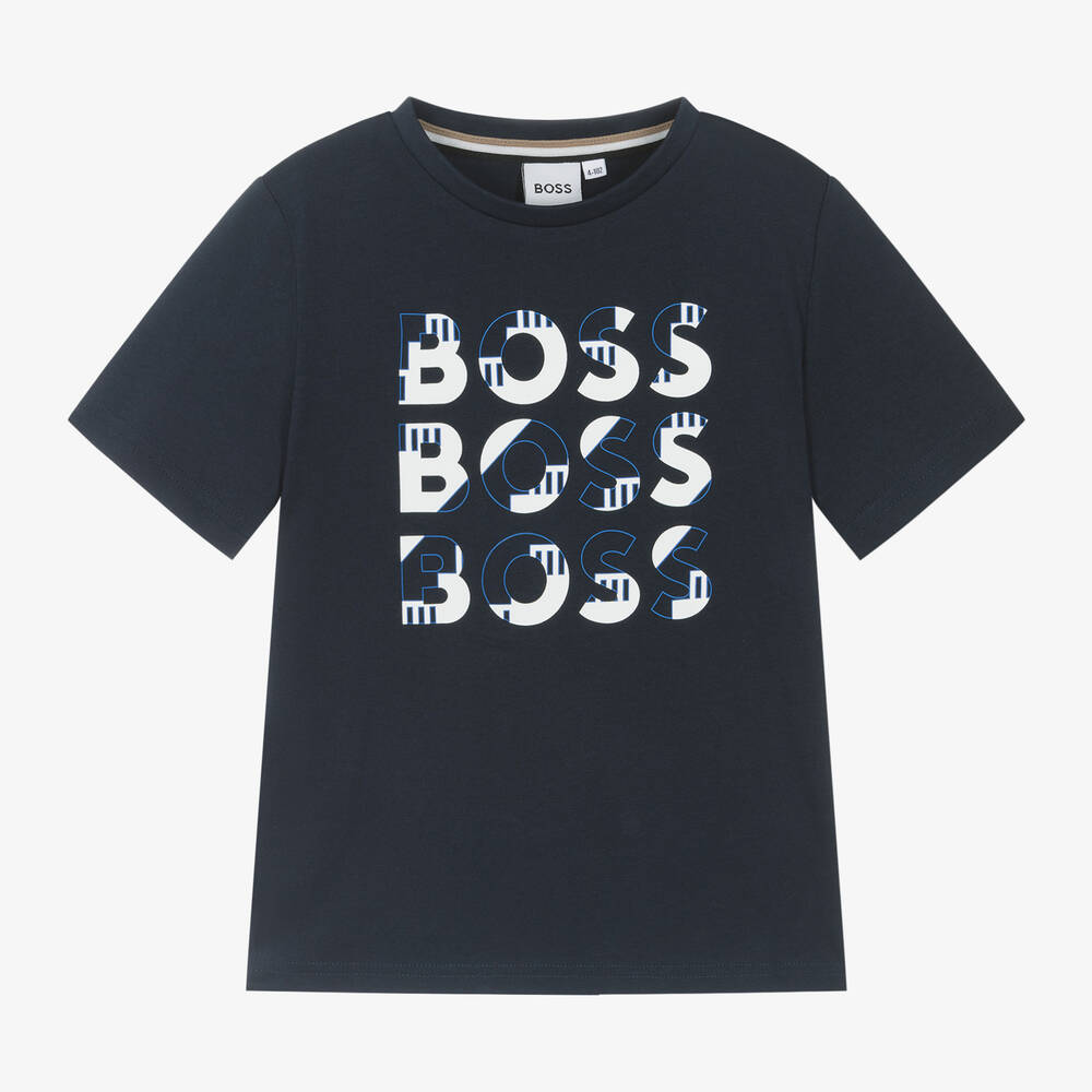 BOSS - Boys Navy Blue Cotton T-Shirt | Childrensalon