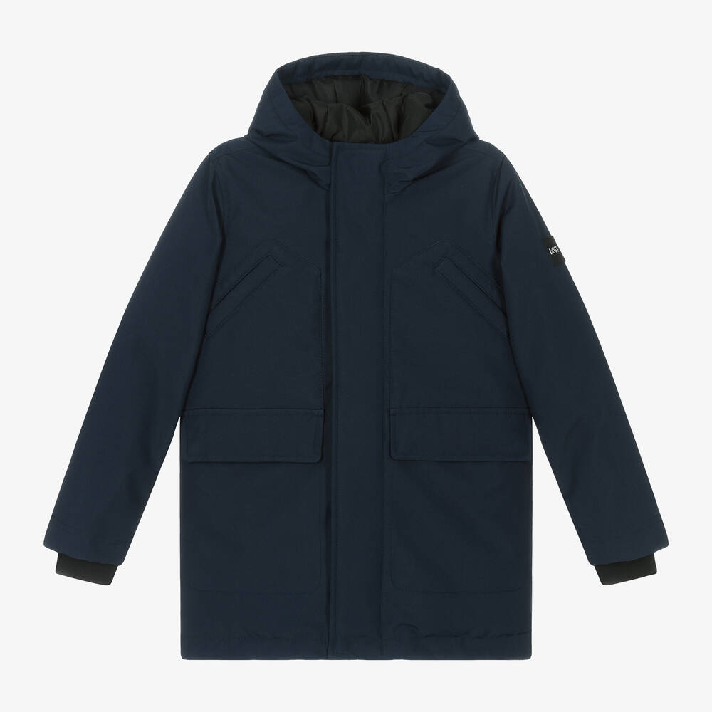 BOSS - Boys Navy Blue Hooded Coat | Childrensalon