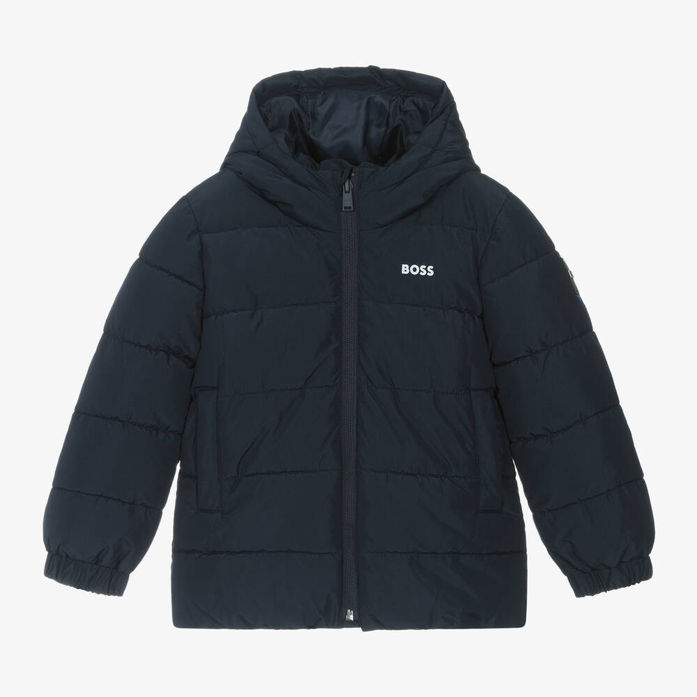 BOSS - Boys Navy Blue Hooded Puffer Jacket | Childrensalon