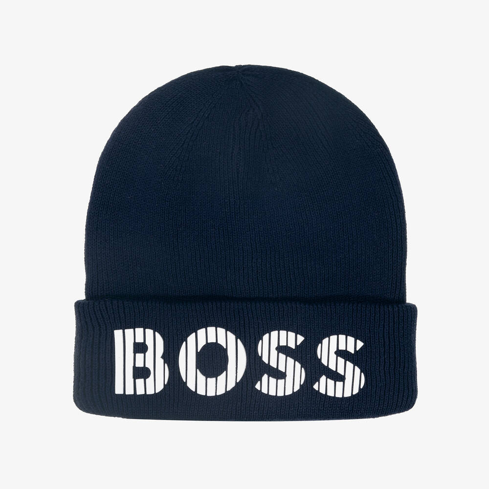 BOSS - Boys Navy Blue Knitted Beanie Hat | Childrensalon