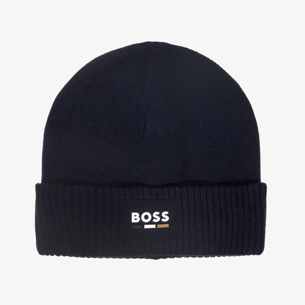 BOSS - Boys Navy Blue Knitted Beanie Hat | Childrensalon