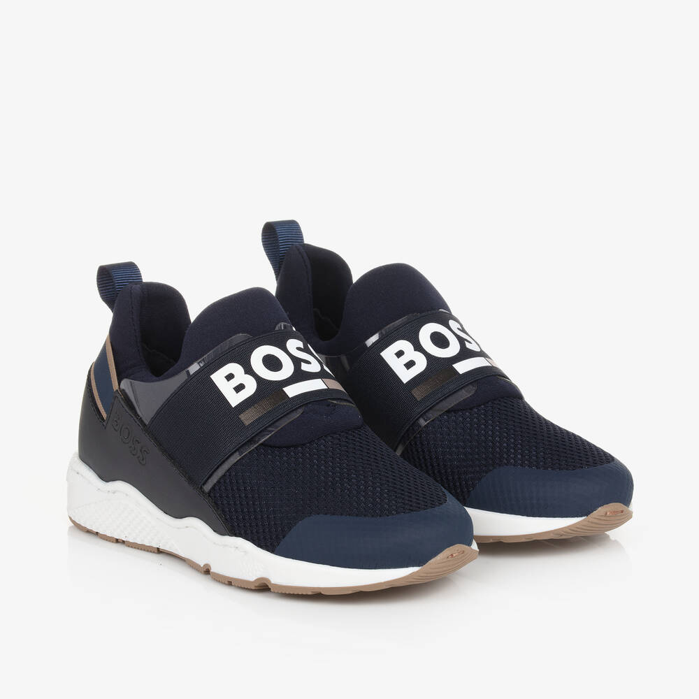 BOSS - Boys Navy Blue Mesh & Leather Trainers | Childrensalon