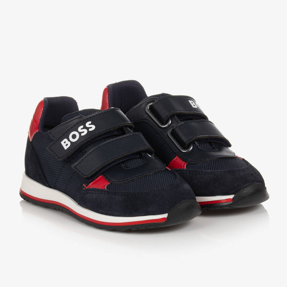 BOSS - Boys Navy Blue Suede Leather Trainers | Childrensalon