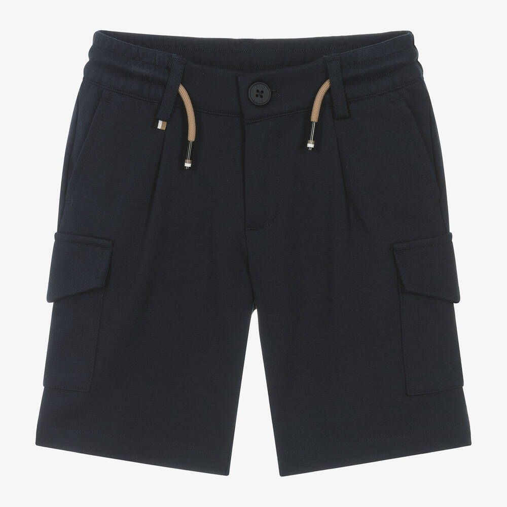 BOSS - Boys Navy Blue Viscose Cargo Shorts | Childrensalon