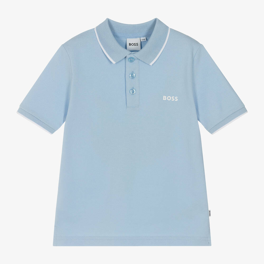 BOSS -  Boys Pale Blue Cotton Polo Shirt | Childrensalon