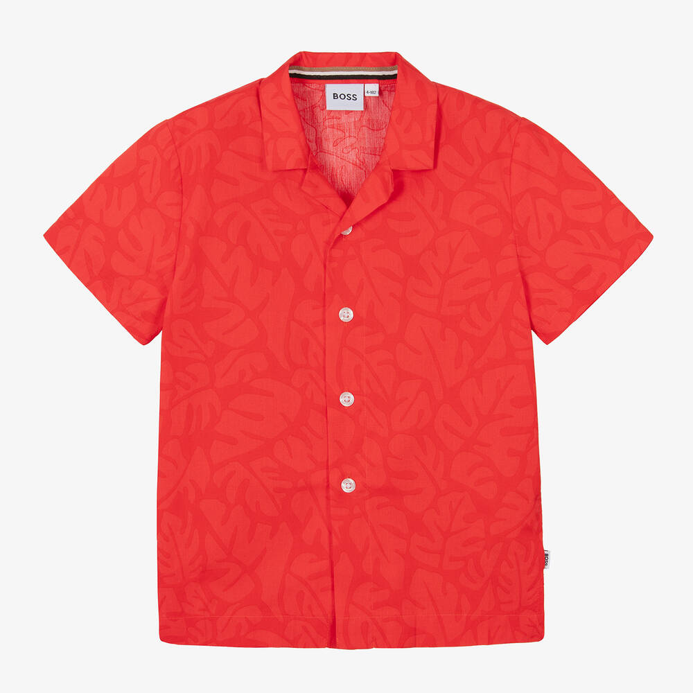 BOSS - قميص قطن بوبلين لون أحمر للأولاد | Childrensalon