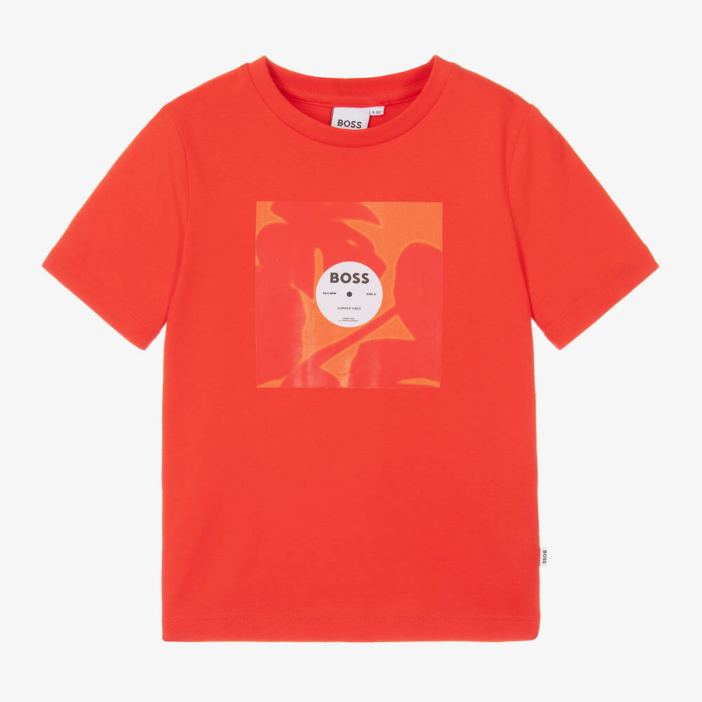 BOSS - Boys Red Cotton Vinyl Record T-Shirt | Childrensalon