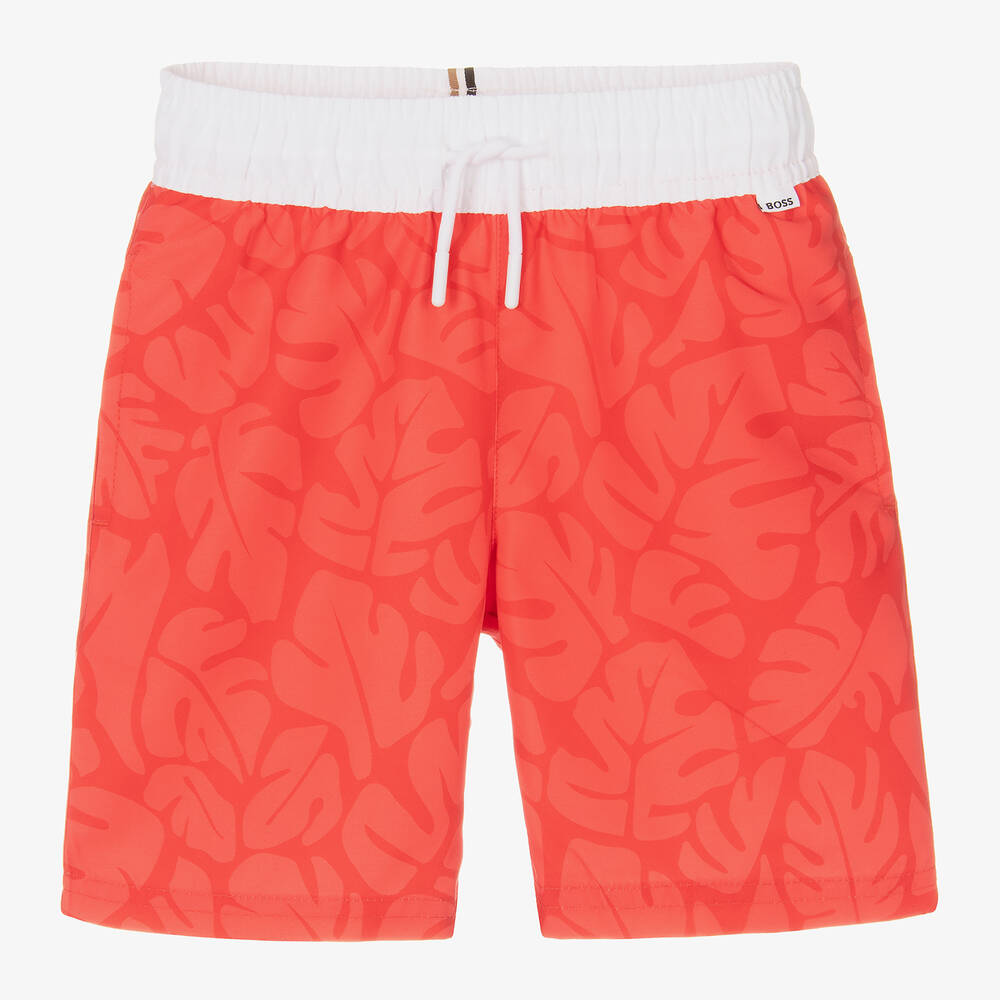 BOSS - Boys Red Leaf Print Swim Shorts | Childrensalon