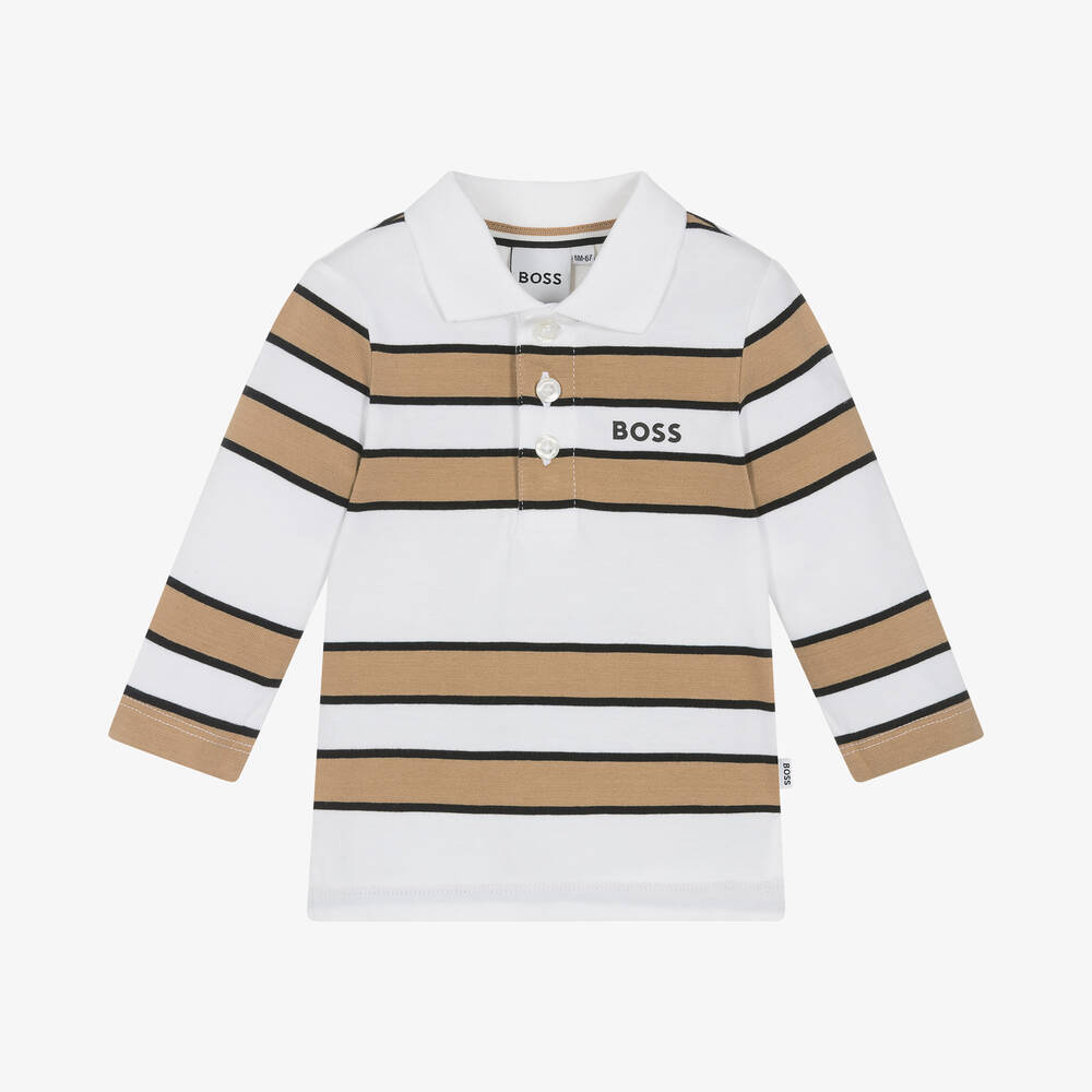 BOSS - Boys White & Beige Striped Cotton Polo Shirt | Childrensalon