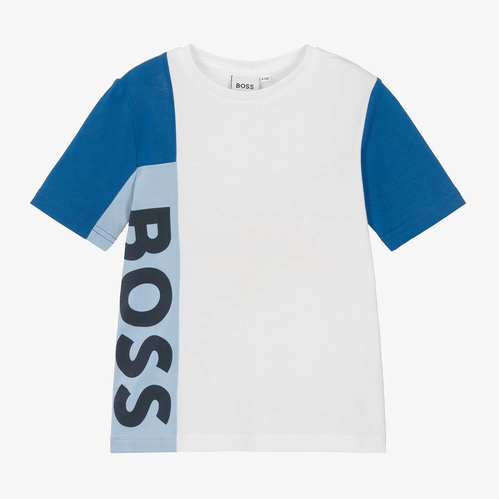 BOSS - تيشيرت قطن جيرسي لون أبيض وأزرق للأولاد | Childrensalon