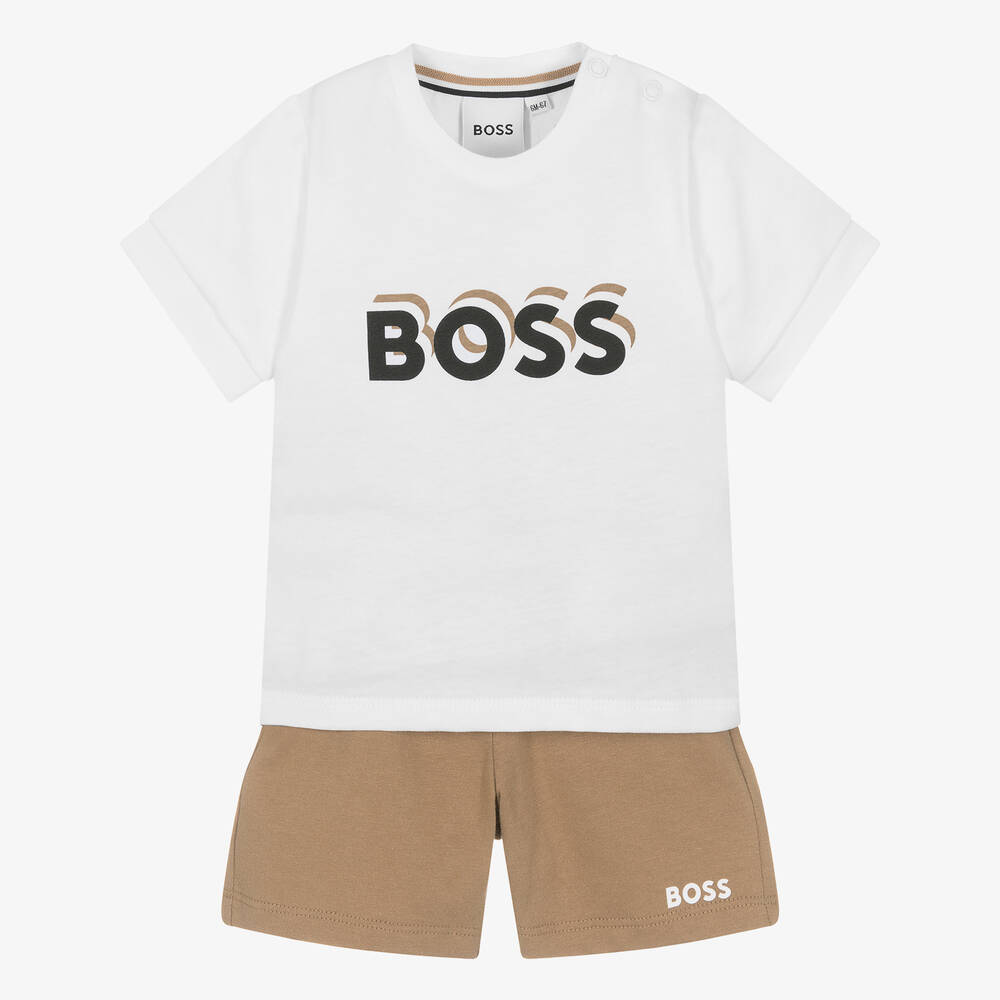 BOSS - Boys White & Brown Cotton Shorts Set | Childrensalon