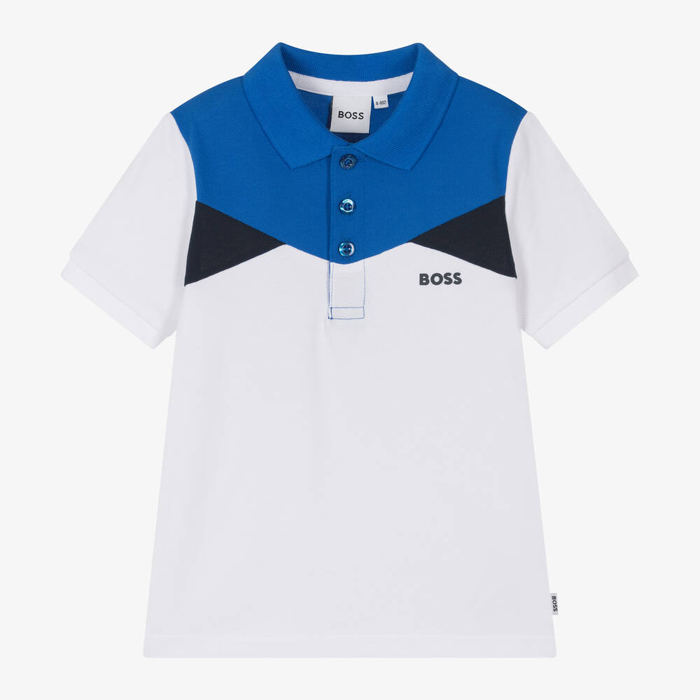 BOSS - Boys White Colour Block Cotton Polo Shirt | Childrensalon