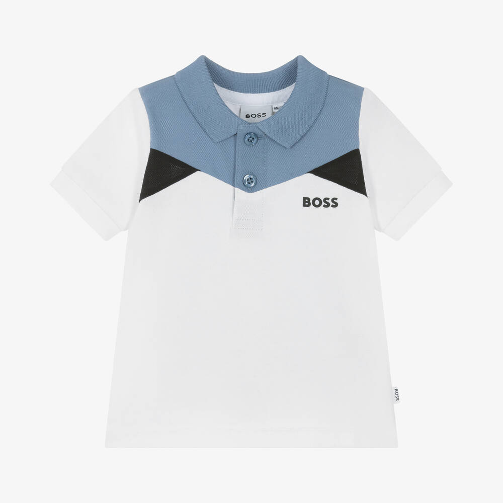 BOSS - Boys White Colourblock Cotton Polo Shirt | Childrensalon