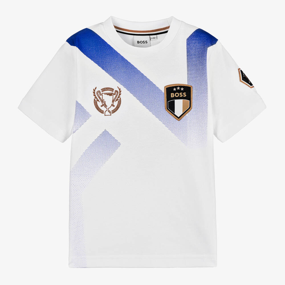 BOSS - Boys White Cotton Football T-Shirt | Childrensalon