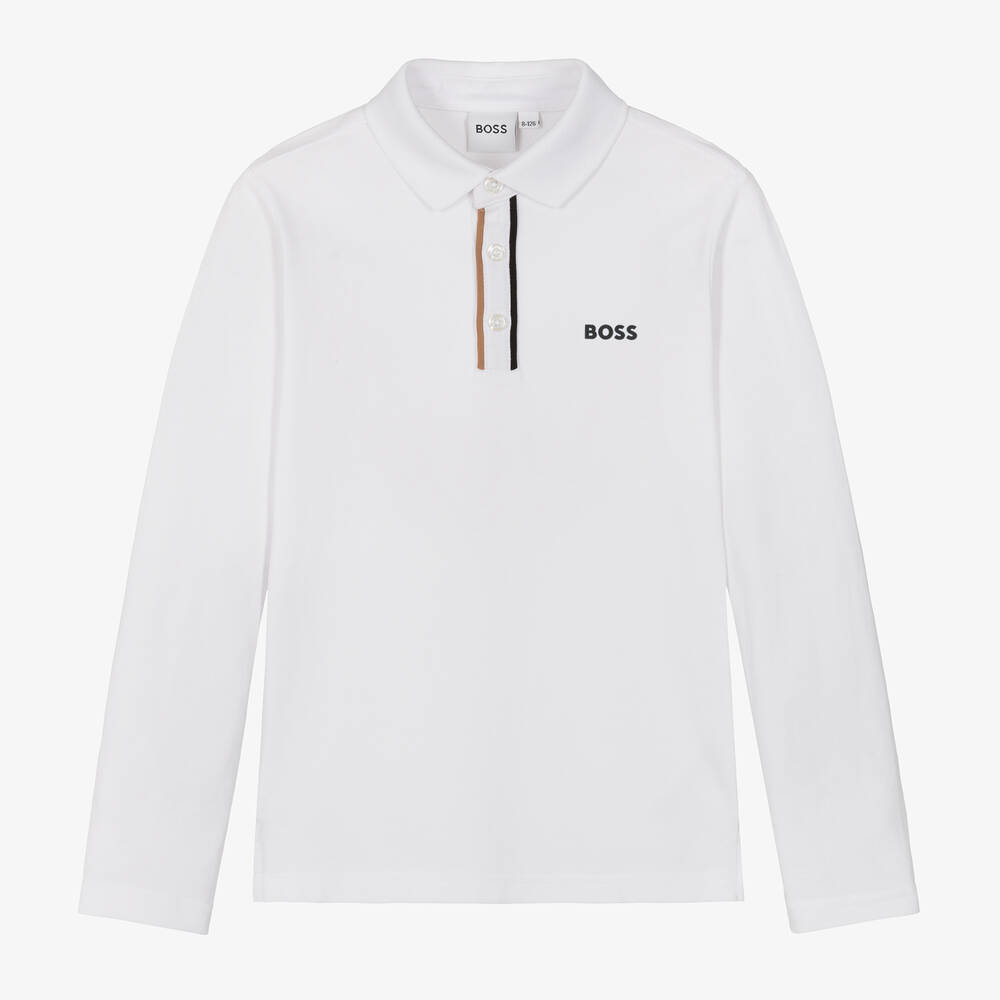 BOSS - Boys White Cotton Piqué Polo Shirt | Childrensalon