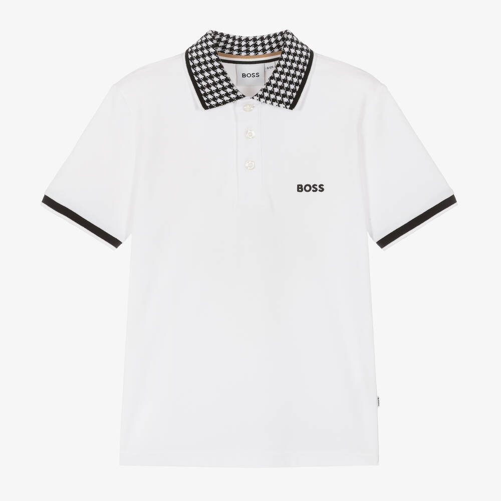 BOSS - Boys White Cotton Piqué Polo Shirt | Childrensalon