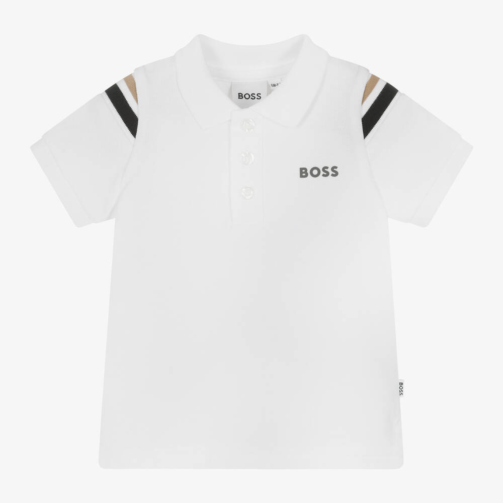 BOSS - Boys White Cotton Piqué Polo Top | Childrensalon