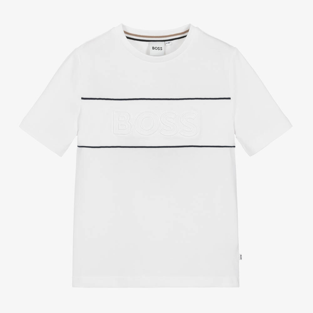 BOSS - Boys White Cotton Piqué T-Shirt | Childrensalon