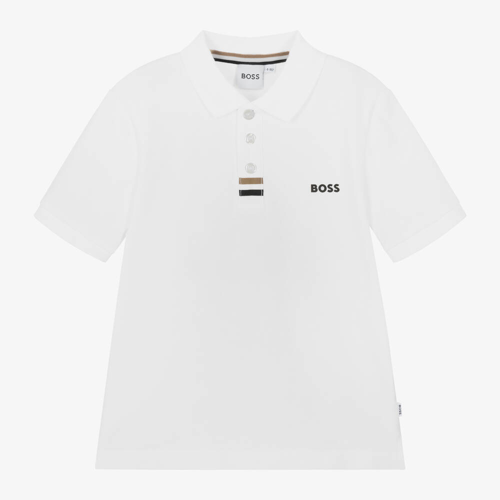 BOSS - Boys White Cotton Polo Shirt | Childrensalon