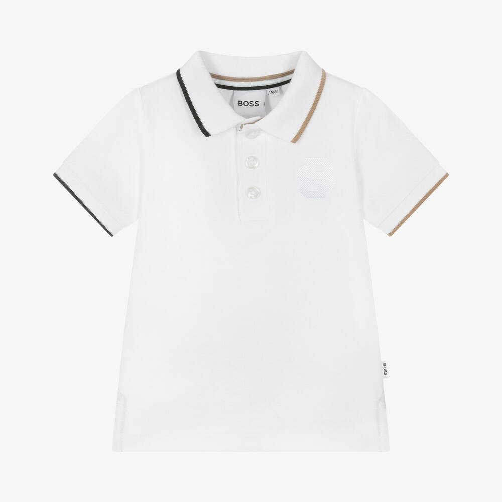 BOSS - Boys White Cotton Polo Shirt | Childrensalon