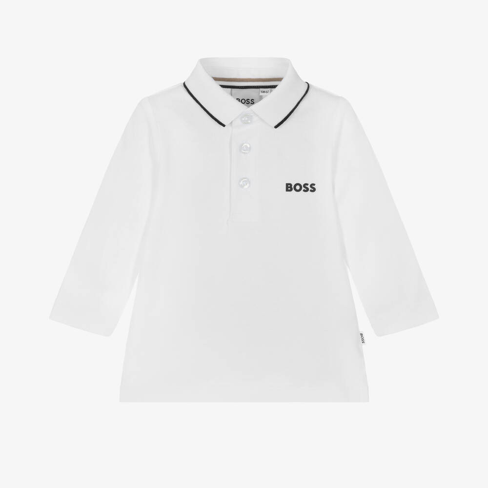 BOSS - Boys White Cotton Polo Shirt | Childrensalon